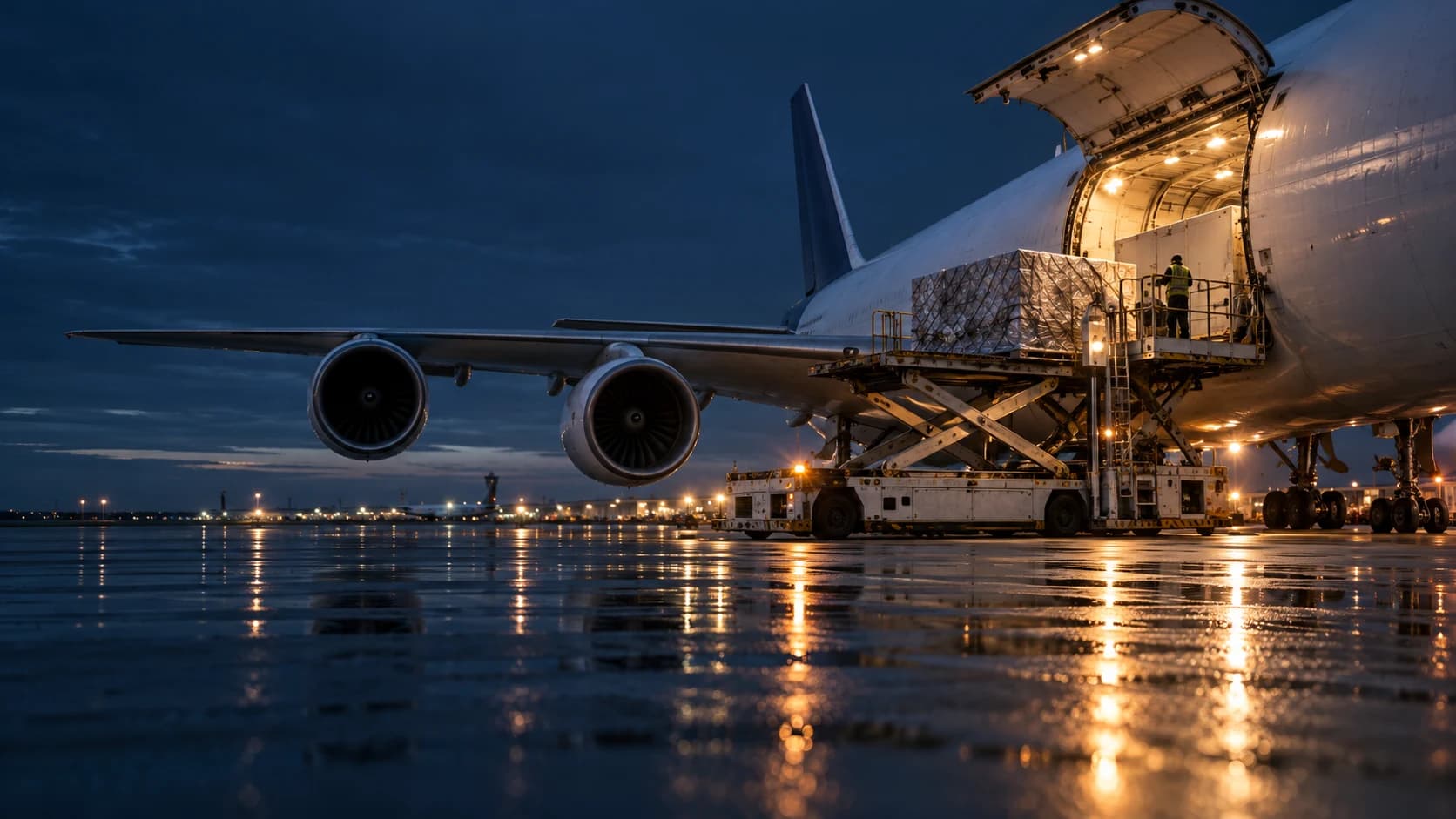 Cargo aircraft on a floodlit airport apron at night