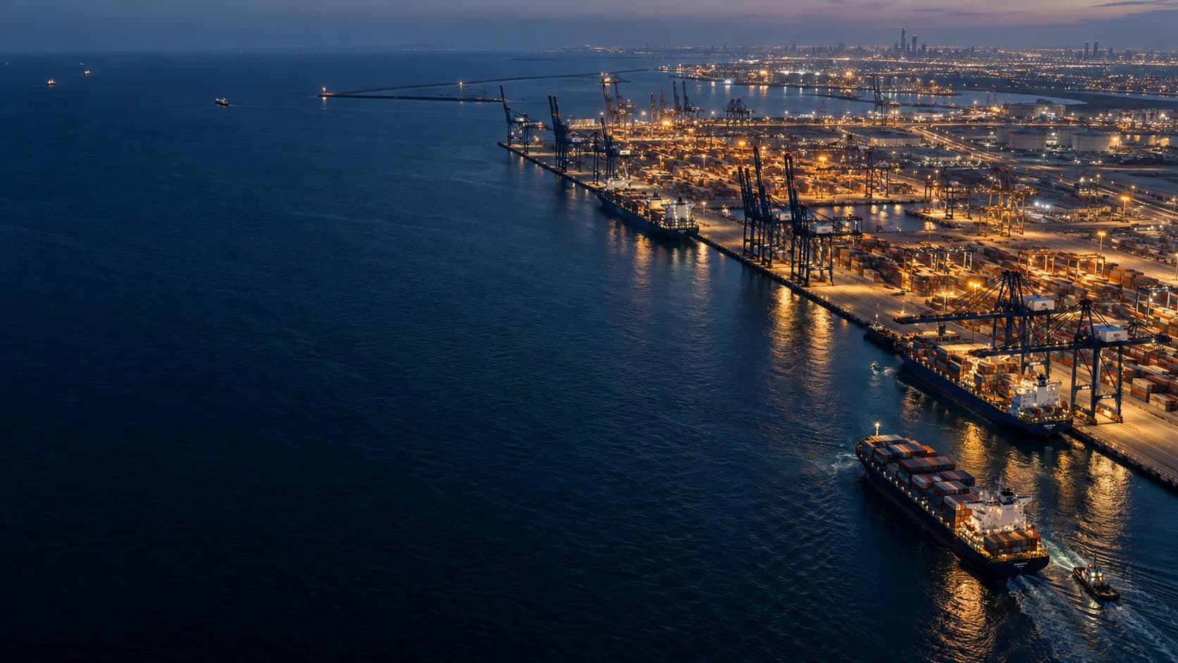 A cargo vessel moving through a working harbor at blue hour