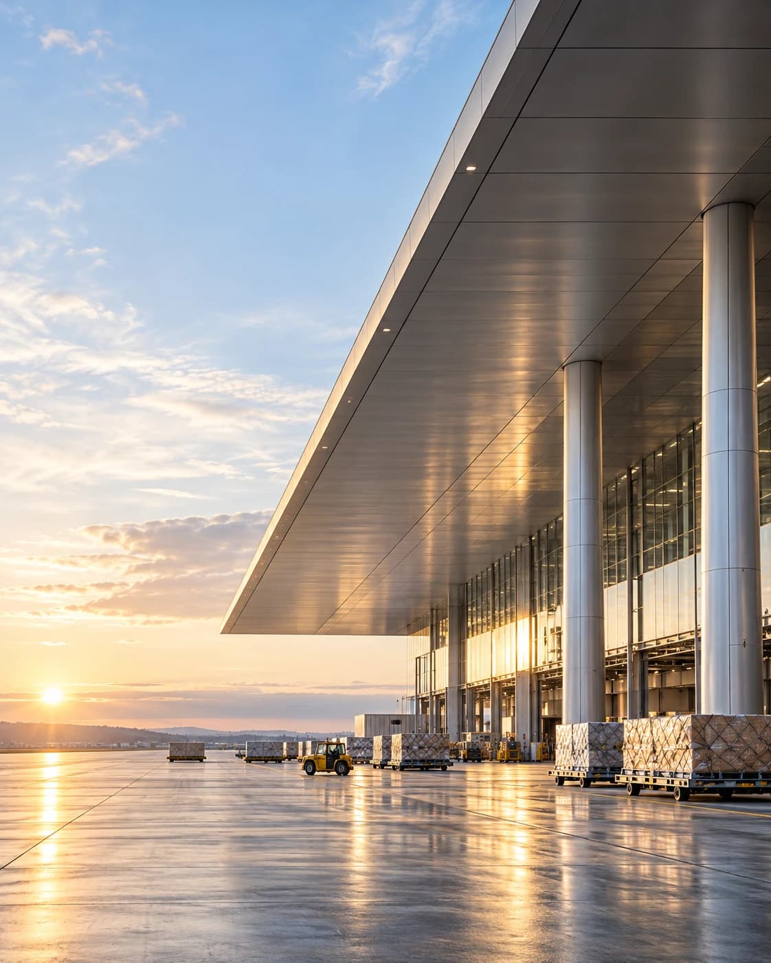 An expansive cargo terminal in warm evening light
