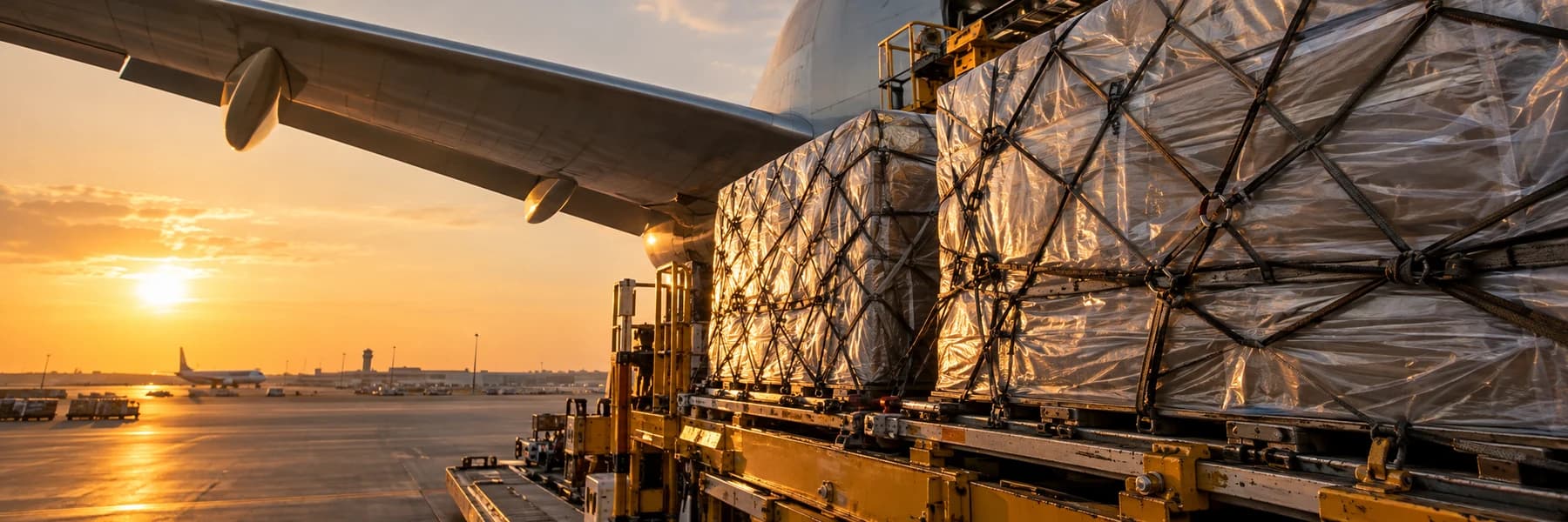 Cargo being loaded beneath an aircraft wing