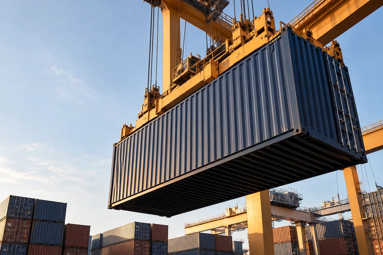 A cargo crane lifting a container at a port