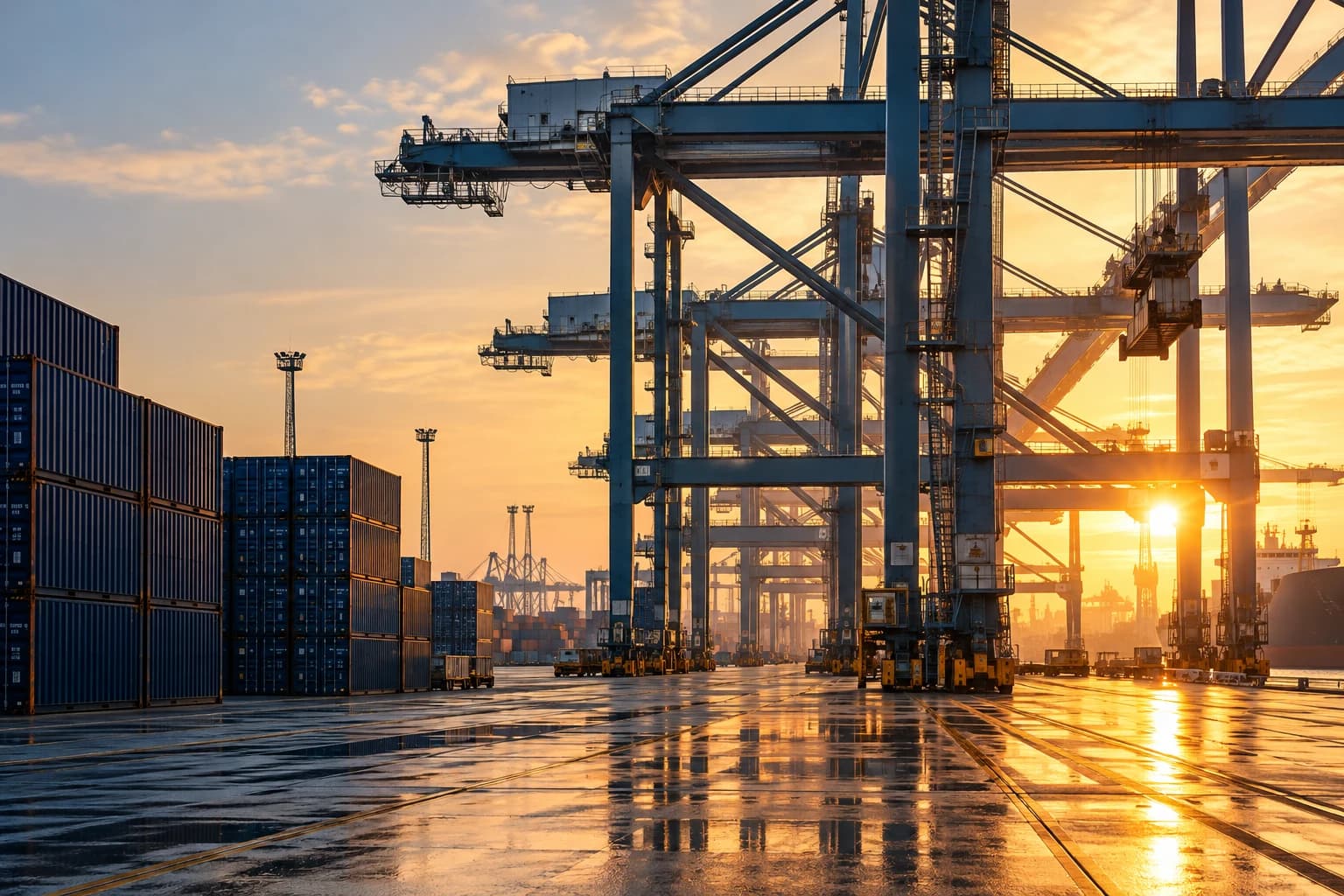 Sunlight across a working container terminal