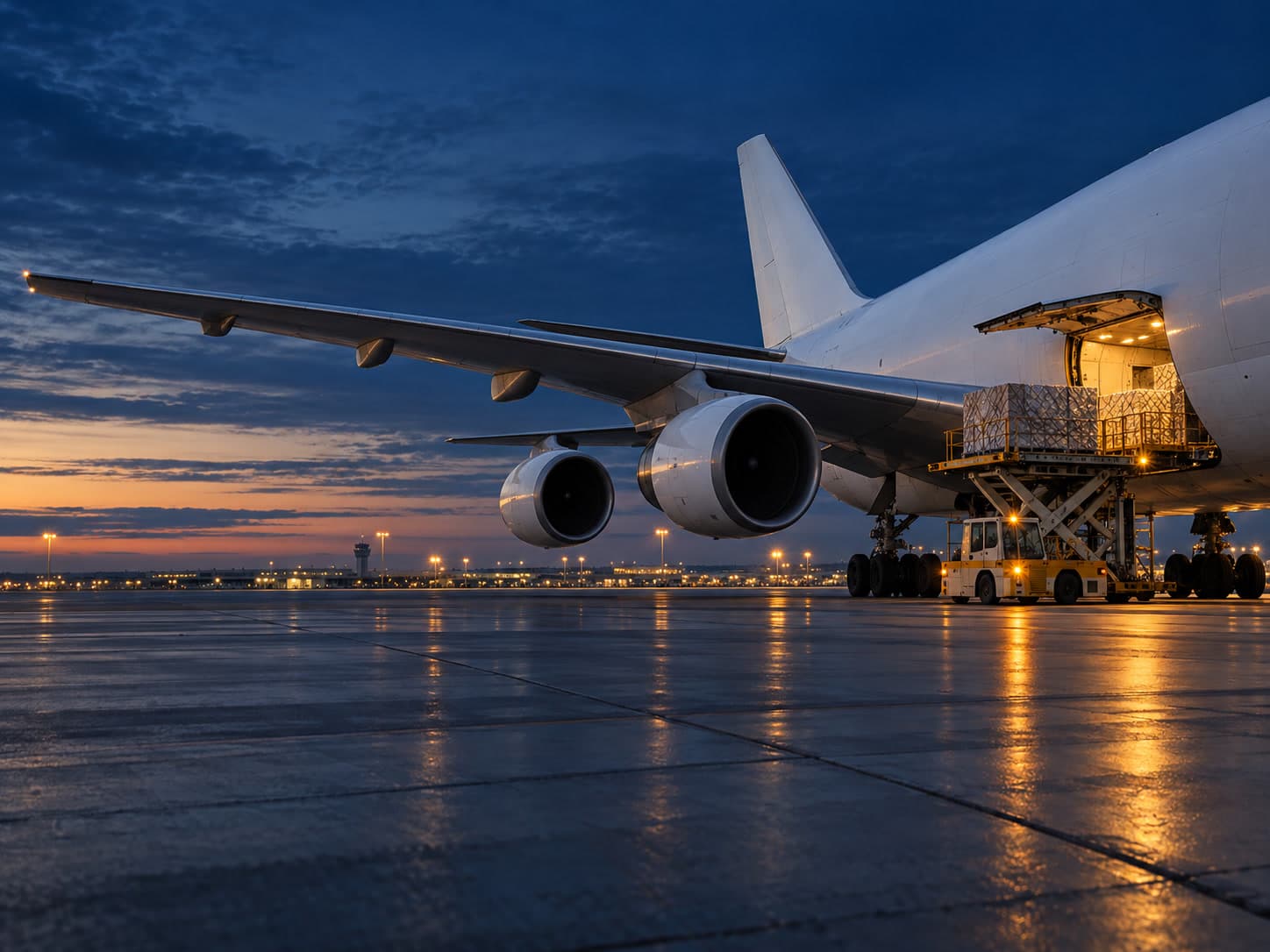 Cargo aircraft being loaded on the apron at dusk