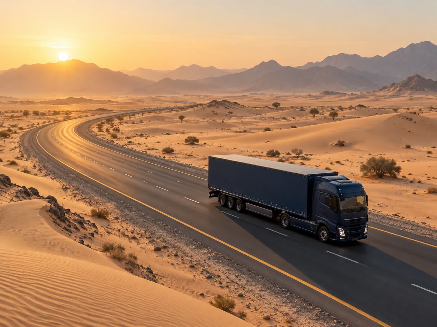Road freight moving through a desert trade corridor